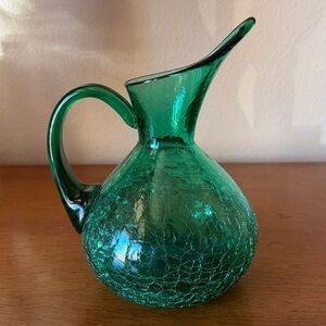 Vintage Mid-Century Modern Green Crackle Glass Pitcher, likely Rainbow Brand